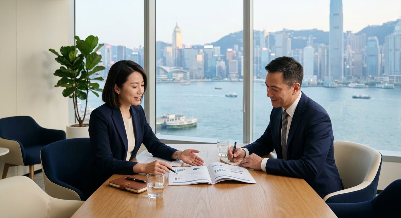 Advisers reviewing a financial plan in a Hong Kong office